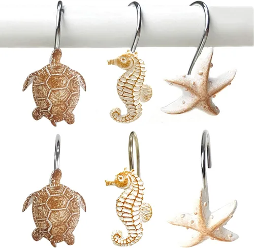 Vista 7 de YUKUNTANG Seashell - Ganchos para cortina de ducha, 12 piezas de anillos de cortina de ducha de resina decorativa antioxidante para baño, Concha