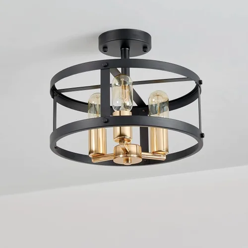 Vista 2 de AGV LIGHTING Lámpara de techo semiempotrada de granja, 3 luces cerca del techo, acabado dorado brillante y negro mate
