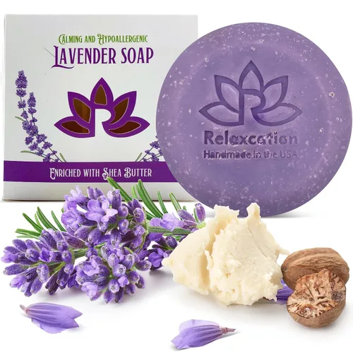 Vista 22 de Relaxcation 4 barras de jabón naturales de proceso en frío, manteca de karité, lavanda, rosa de arcilla de caolín, oliva y carbón