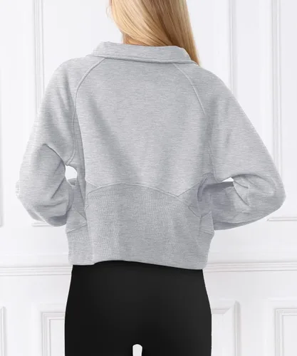 Vista 4 de Trendy Queen Sudadera corta con cremallera media para mujer, sudadera con capucha de forro polar con cremallera de un cuarto, suéter de invierno