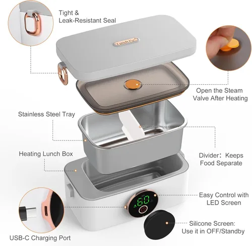 Vista 3 de Fiambrera eléctrica portátil inalámbrica para adultos, lonchera calentadora de alimentos, batería recargable de 16000 mAh, contenedor