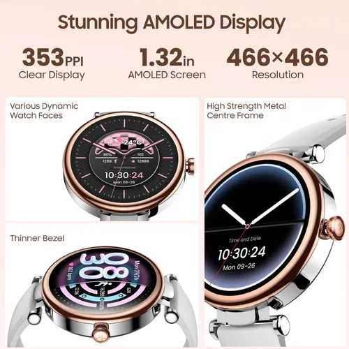 Vista 6 de TOZO Auriculares híbridos HT3 con cancelación de ruido, audio espacial AI Chat con 5 micrófonos, reloj inteligente S8 AMOLED para mujer, pantalla a
