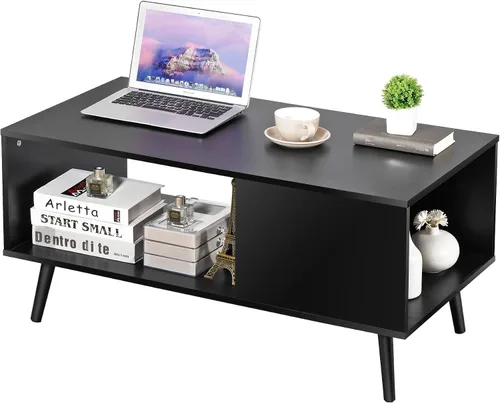 Vista 7 de ZenStyle Mesa de centro moderna de mediados de siglo, mesa de centro retro de madera con estante de almacenamiento abierto para sala de estar Negro