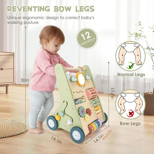Vista 6 de Andador de madera para bebés, Montessori Push Walker para bebés de 10 a 12 Andador de bebé con centro de actividad, velocidad ajustable, juegos Verde