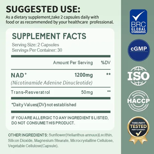 Vista 6 de Suplemento NAD+ con resveratrol 1200mg – Nicotinamida Adenina Dinucleótido y Trans-Resveratrol 50mg, Energía Celular Antienvejecimiento