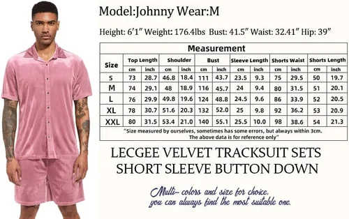 Vista 6 de LecGee Conjunto de pantalones cortos casuales de verano para hombre, camisa de terciopelo de manga corta con botones, pantalones cortos de cintura