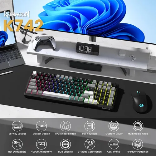 Vista 2 de Redragon K742 Teclado Mecánico Inalámbrico para Juegos con Perilla, Bluetooth 5.0/2.4GHz/USB C Teclado Cableado Cremoso con Teclado Numérico