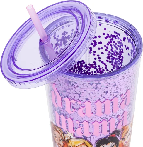 Vista 4 de Silver Buffalo Bratz Drama Mama con Cloe, Yasmin, Jade y Sasha - Vaso de plástico con confeti para bebidas frías, con tapa y popote, 32 onzas