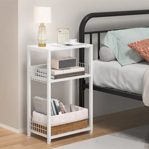Vista 2 de LELELINKY - Mesa auxiliar blanca con almacenamiento, pequeña mesa de esquina con soporte para impresora para espacios pequeños, soporte para Modern
