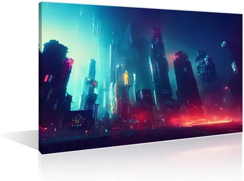 Vista 23 de 1 panel de cuadros de la ciudad de Cyberpunk, arte de pared, representación de vallas publicitarias, edificios modernos en la capital con obras