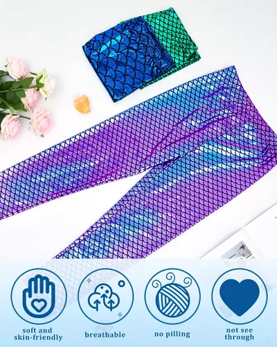 Vista 5 de Suhine 3 piezas de leggings metálicos de sirena para niñas, de cintura alta, elásticos, pantalones ajustados para niños, entrenamiento, fiesta