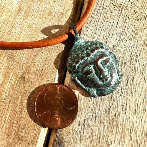 Vista 4 de Buddha Head Necklace - Buddhist, Buddhism Jewelry, Green Patina Pendant, Women Accessories, Men Gift, Antique Believes, Enlightening Charm, Good