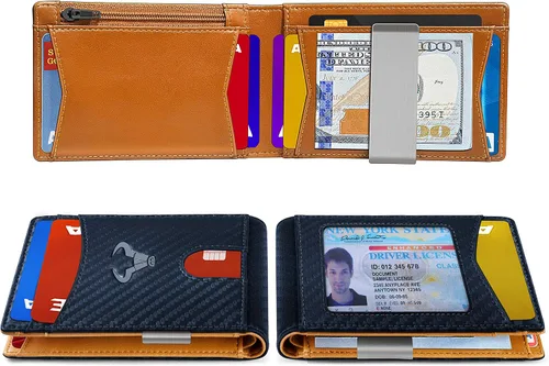 Vista 4 de Cartera Bulliant fina para hombre, cartera de piel para hombre con bolsillo delantero para tarjetas, 7 x 10 x 27cm (3" x 4.3"), 11 tarjetas+clip