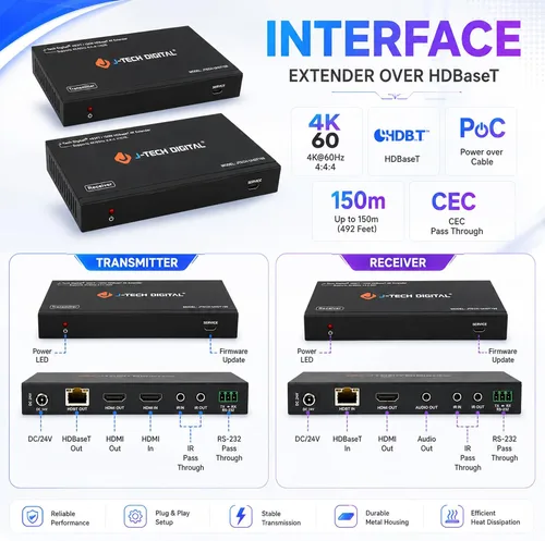 Vista 2 de J-Tech Digital Extensor HDMI de largo alcance sobre Cat6 150m/492ft HDBaseT 4K60Hz 18Gbps Extensor PoC, IR bidireccional, compatible con Dolby