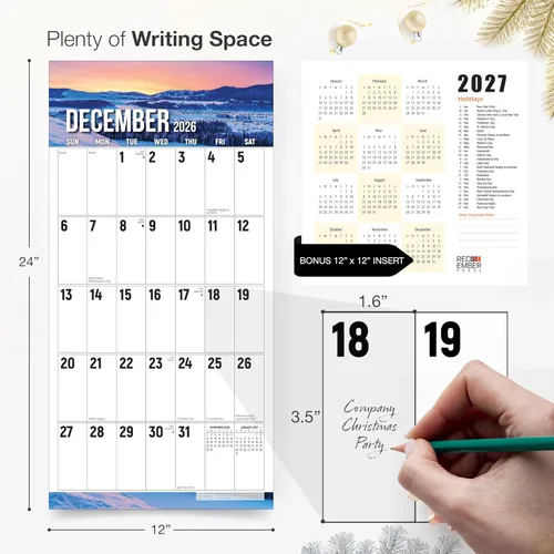 Vista 5 de RED EMBER The Big Grid - Calendario de pared 2026 Seasons in Nature de 12 meses 12 x 24 pulgadas abierto Regalo de vacaciones Calendario