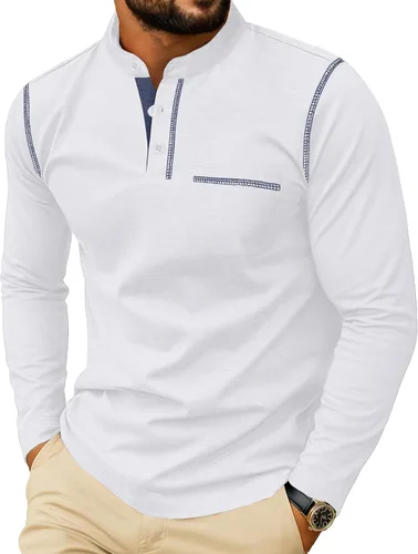 Vista 11 de Sailwind Camisetas Henley para hombre de manga larga con botones, estilo casual, elegante, de algodón, con bolsillo
