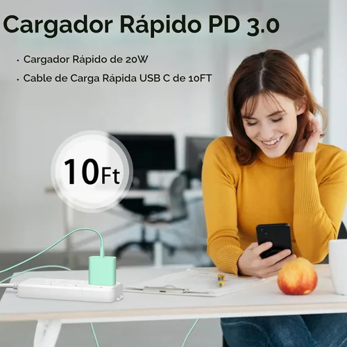 Vista 6 de Cargador Tipo C de 10 pies, Paquete de 2, Bloque Cargador USB C de 20W con Cable de Carga Rápida para iPhone 14/14 Pro/13/13Pro Max/12/12 Pro