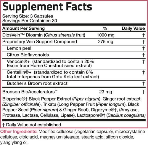 Vista 6 de Bronson VeinAid Diosmin 1000 mg DiosVein Complex, 90 Cápsulas Vegetarianas Botánicos patentados de Venocina y Centellin, soporte saludable
