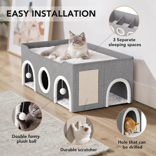 Vista 5 de Casa para gatos todo en uno extra ancha, cama superior con tres habitaciones, condominios para gatos, camas para gatos de interior, familia