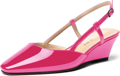 Vista 11 de MERRORI Zapatos de tacón bajo de cuña con hebilla y punta cuadrada para mujer, de patente sólida, de 2 pulgadas Beige