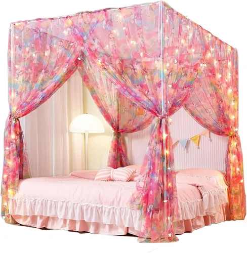 Vista 23 de Mengersi Cortina para Dosel de Cama Princesa, con 4 Esquinas, Dosel con Mosquitero para Cama de Princesa (Blanco, Doble)