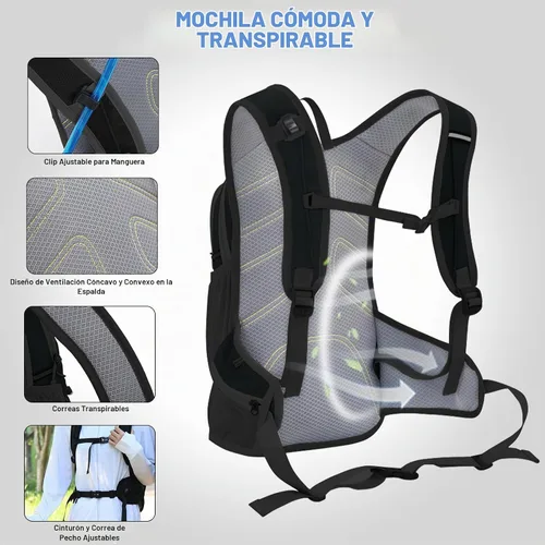 Vista 4 de Mochila de hidratación de 20 L, ligera, transpirable, con bolsa de agua de 2 L, correas ajustables para el pecho, chaleco de hidratación para Negro