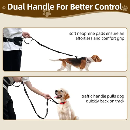 Vista 7 de Correa para perro manos libres con bolsa con cremallera, correa elástica reflectante retráctil de doble asa para perros pequeños y medianos, correr