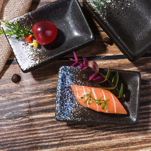 Vista 6 de Juego de 4 platos de cerámica para salsa de soja, rectangulares pequeños de 3.35 pulgadas, platos de inmersión de sushi con textura