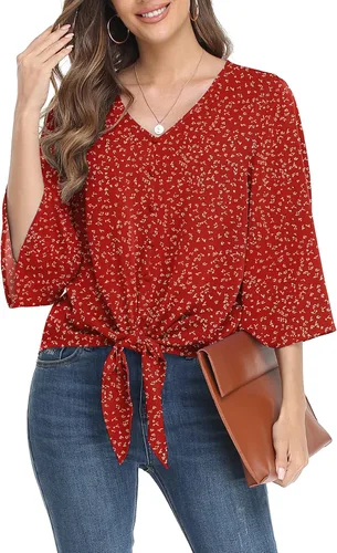 Vista 24 de VIISHOW Blusas de verano para mujer, con botones, cuello en V, de gasa, mangas acampanadas de 3/4, con nudo, casuales 01 Blanco