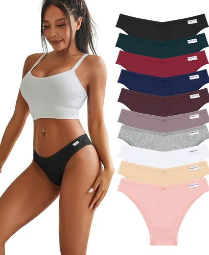Vista 8 de FINETOO Ropa interior de algodón para mujer, sexy, elástica, de tiro bajo, hipster, suave, con cintura en V Negro