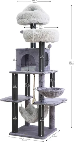 Vista 2 de Catry Bradbury - Árbol para gatos moderno de 7 niveles y 62.5 pulgadas con postes rascadores reemplazables, condominio grande, dos camas lavables