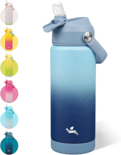 Vista 52 de Konokyo - Botella de agua deportiva aislada de acero inoxidable de 18 onzas con tapa con popote Black; BPA-free, leak-proof sports bottle with