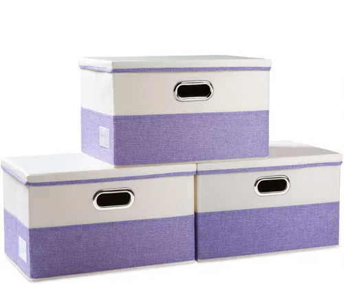 Vista 70 de PRANDOM Contenedores de almacenamiento con tapas [paquete de 3] cajas de almacenamiento plegables de tela de lino, canastas organizadoras, cubos