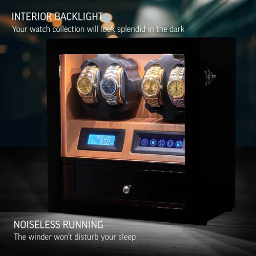 Vista 3 de Enrolladora de 4 relojes con 5 espacios de almacenamiento para relojes, pantalla LCD, control táctil y retroiluminación