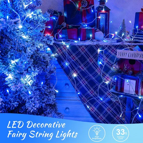 Vista 6 de 100 luces LED de Navidad, 33 pies, luces de cadena extensibles de 8 modos, impermeables para exteriores, luces de hadas parpadeantes enchufables