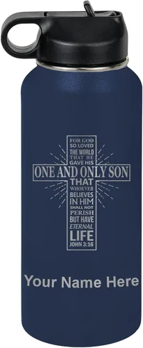 Vista 56 de LaserGram Botella de agua personalizada, versículo bíblico John 3-16, acero inoxidable de doble pared aislada al vacío con popote superior, regalo