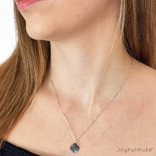 Vista 13 de Genuine Gemstone Necklace, Carved Four Leaf Clover Shape, Amethyst, Moonstone, Amazonite, Tourmaline, Labradorite, 925 Sterling Silver Jewelry