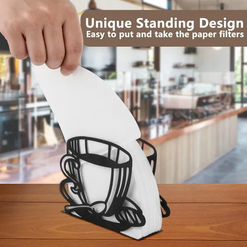 Vista 3 de Soporte de metal para filtro de café, soporte y estante para filtros de café, toallas de papel y servilletas, vertical, cono y cuadrado (negro)
