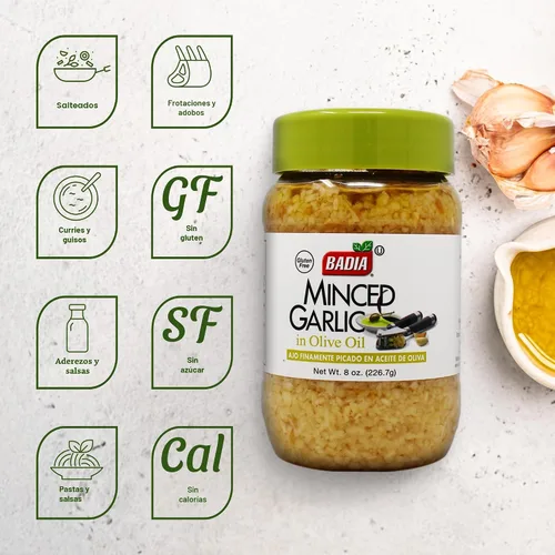 Vista 2 de Badia - Ajo picado, 8 onzas Práctico ajo picado en aceite de oliva para pasta, adobos, salsas, carnes, verduras, sopas y cocina diaria