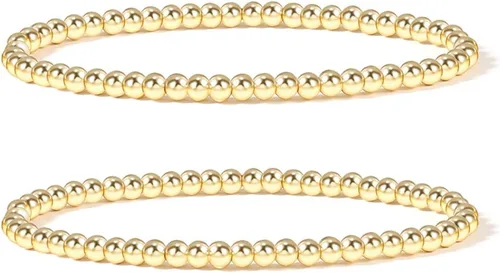 Vista 13 de Pulsera para mujer con cuentas chapadas en oro de 14 quilates, pulsera elástica de cuentas redondas Oro - 2 cubos+1 cuenta