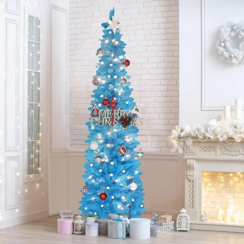 Vista 6 de MUPATER - Árbol de Navidad artificial delgado de 6 pies, árbol de Navidad preiluminado con parte superior curvada, árbol de Navidad delgado