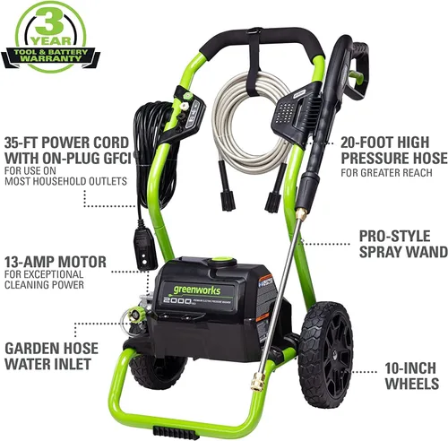 Vista 3 de Greenworks - Lavadora eléctrica de 2000 PSI (1.1 GPM máximo) (25°, 40°, boquilla de jabón) para uso en cubiertas, vallas, patios de hormigón, aceras