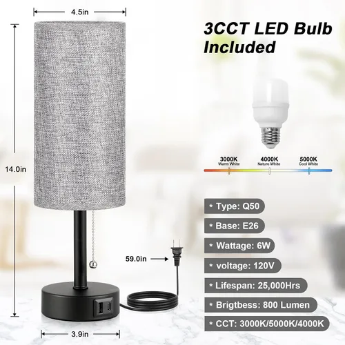 Vista 8 de Juego de 2 lámparas de noche grises para dormitorio, lámpara de mesa de noche con puerto de carga USB A + C, 3 temperaturas de color, cadena