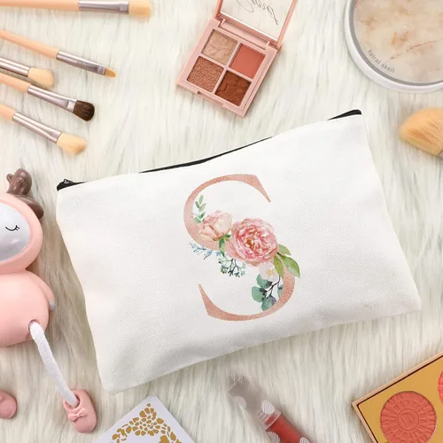 Vista 2 de Sanwuta 2 bolsas de lona con inicial, diseño floral con letras florales, bolsas de cosméticos de viaje, bolsas con monograma para mujer, mujer