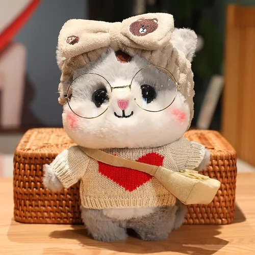 Vista 4 de Juguete de peluche de pato con 9 trajes y accesorios para combinar con ropa de vestir para niños (12 pulgadas) (gato gris)
