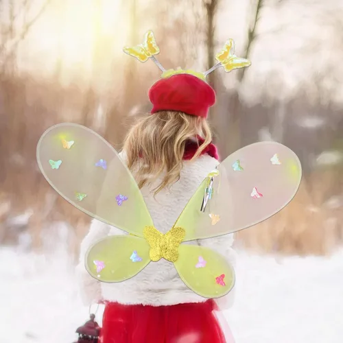 Vista 7 de 4Pcs Girls Fairy Halloween Costume, Light Up Layered Tulle Tutu Skirt + Fairy Wings & Hair Hoop + Wands