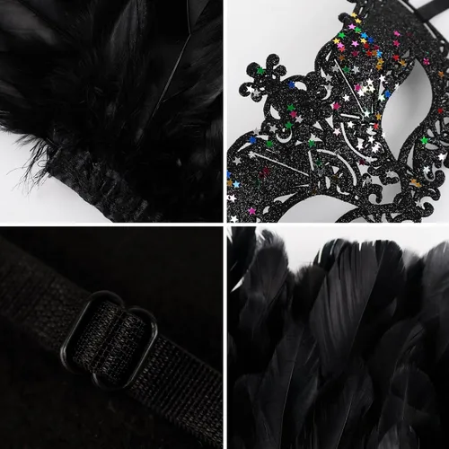Vista 6 de JEGERMIG Máscara de plumas verdes para mascarada, accesorio de carnaval para mujer