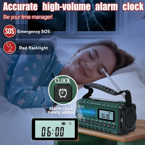 Vista 6 de Radio de emergencia NOAA de alerta meteorológica con energía solar y manivela de mano USB-C carga portátil radio AM/FM 3W, lámpara de lectura