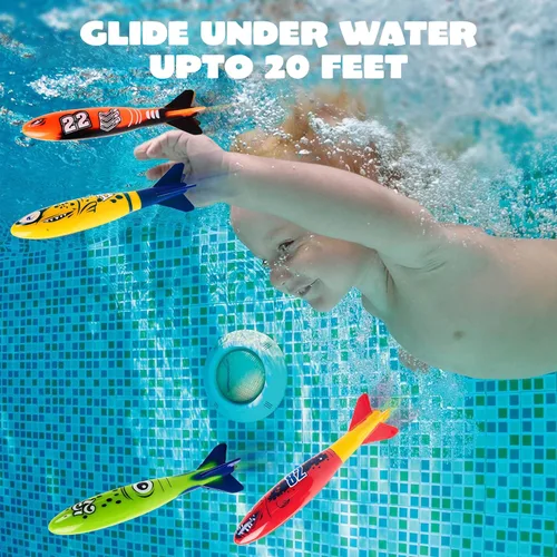Vista 2 de JOYIN Paquete de 8 juguetes de piscina, juguetes de buceo subacuático de tiburón, colorido juguete de natación hundido, lanzamiento para niños