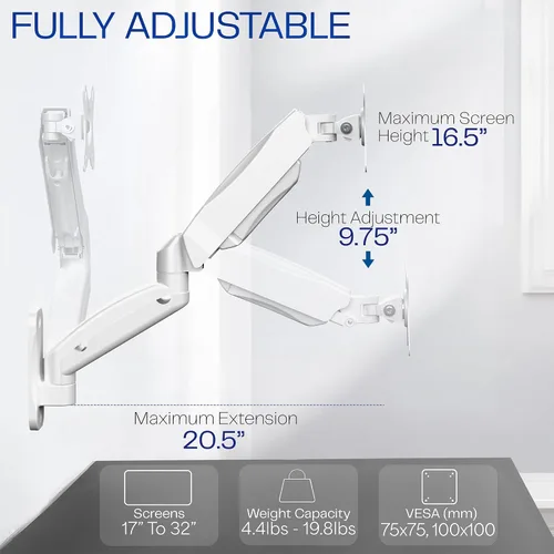 Vista 3 de VIVO Soporte de pared de contrapeso para monitor único para pantallas de 32 pulgadas de hasta 19.8 libras, movimiento completo, VESA máximo 100x100
